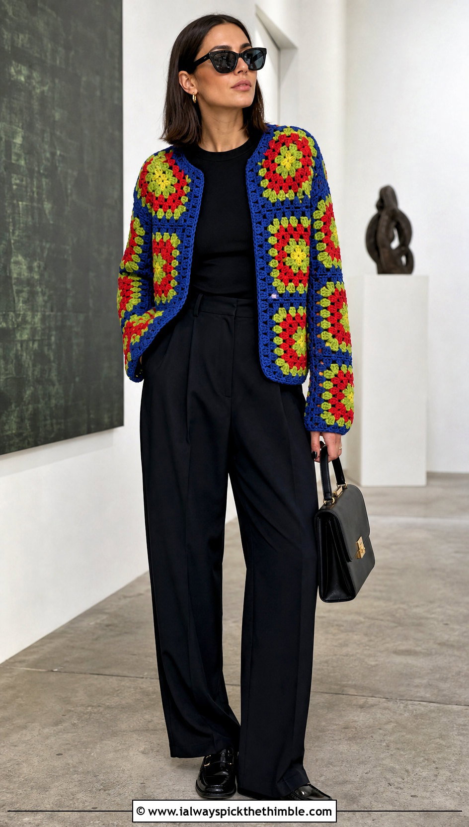 Granny Square Crochet Cardigan With Black Trousers - 20 crochet for cardigans outfit ideas