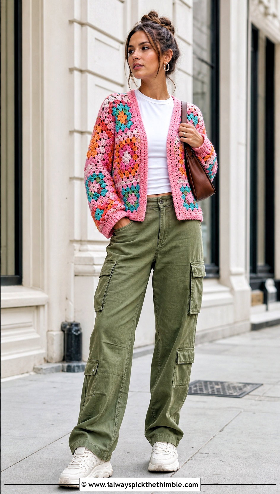 Granny Square Crochet Cardigan With Cargo Pants - 25 crochet cardigan women outfit ideas