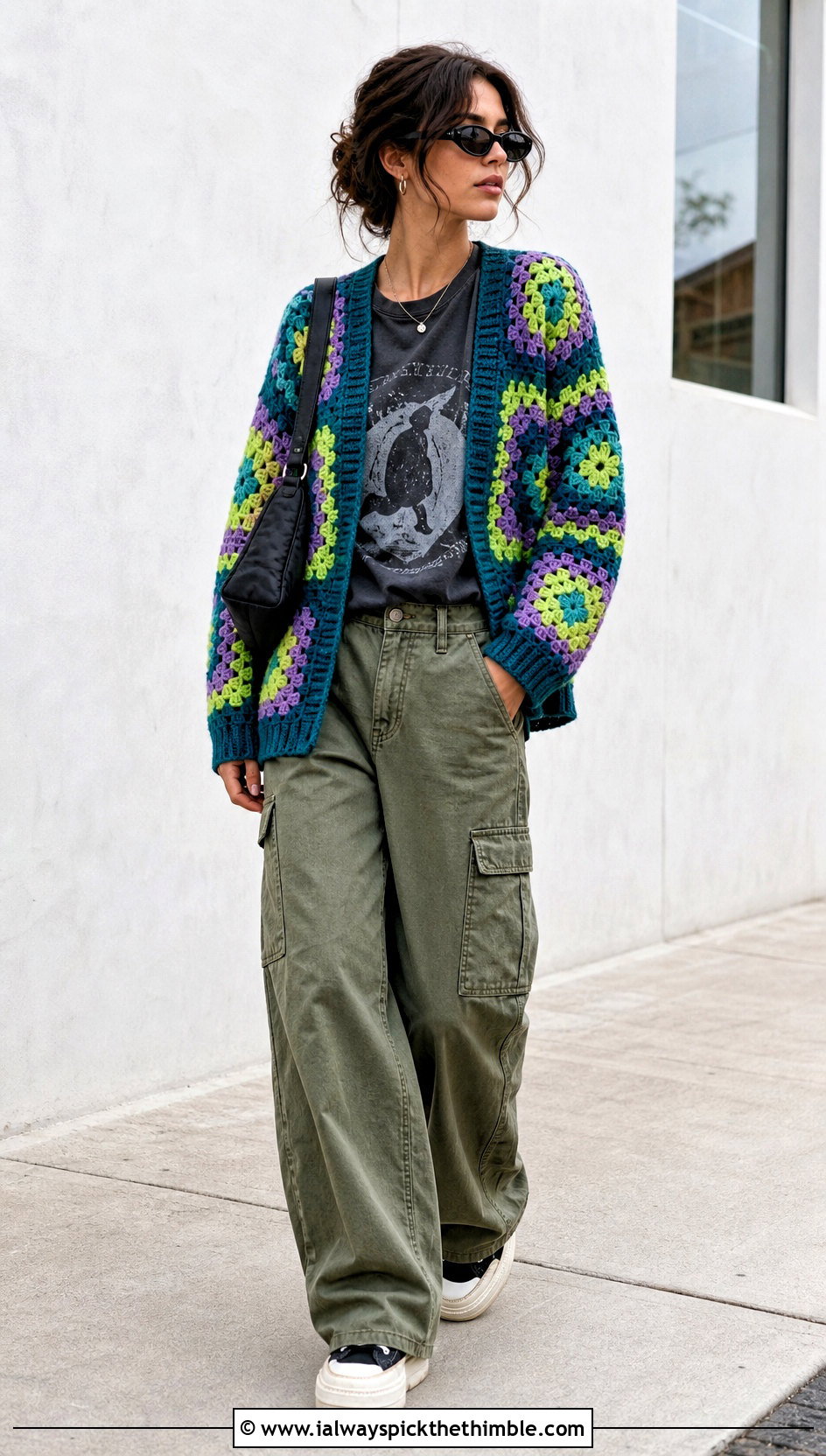 Granny Square Crochet Cardigan With Cargo Pants - 25 Crochet Grunge Clothes and outfit ideas