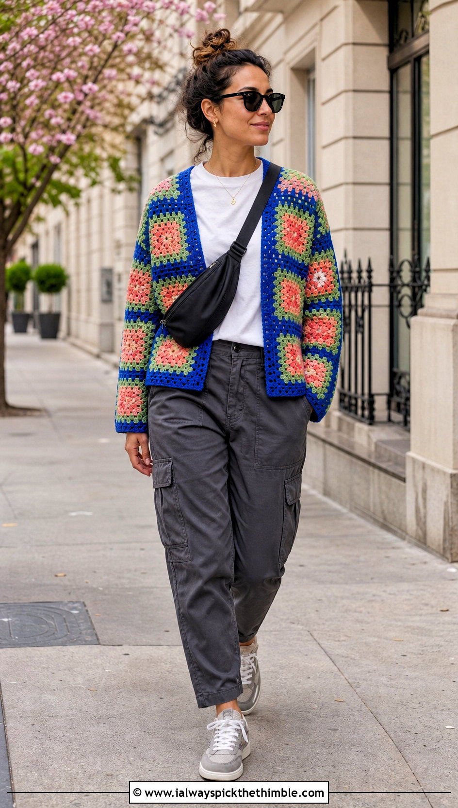 Granny Square Crochet Cardigan With Cargo Pants - 20 crochet spring cardigan outfit ideas