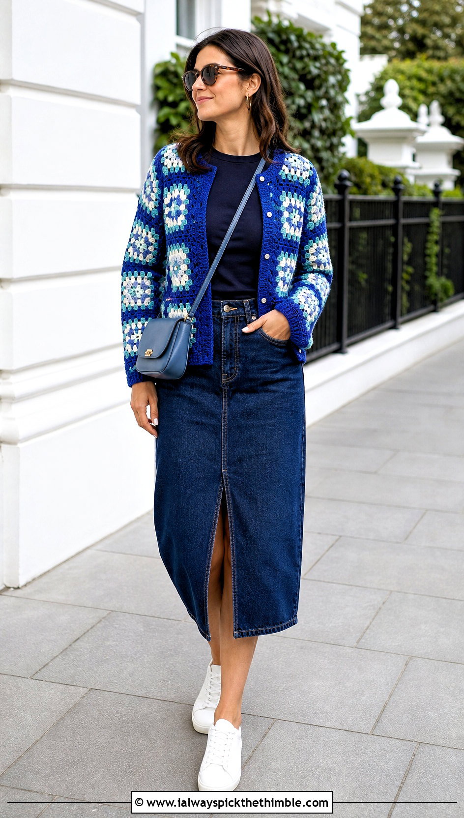 Granny Square Crochet Cardigan With Denim Skirt - 25 crochet cardigan outfit ideas