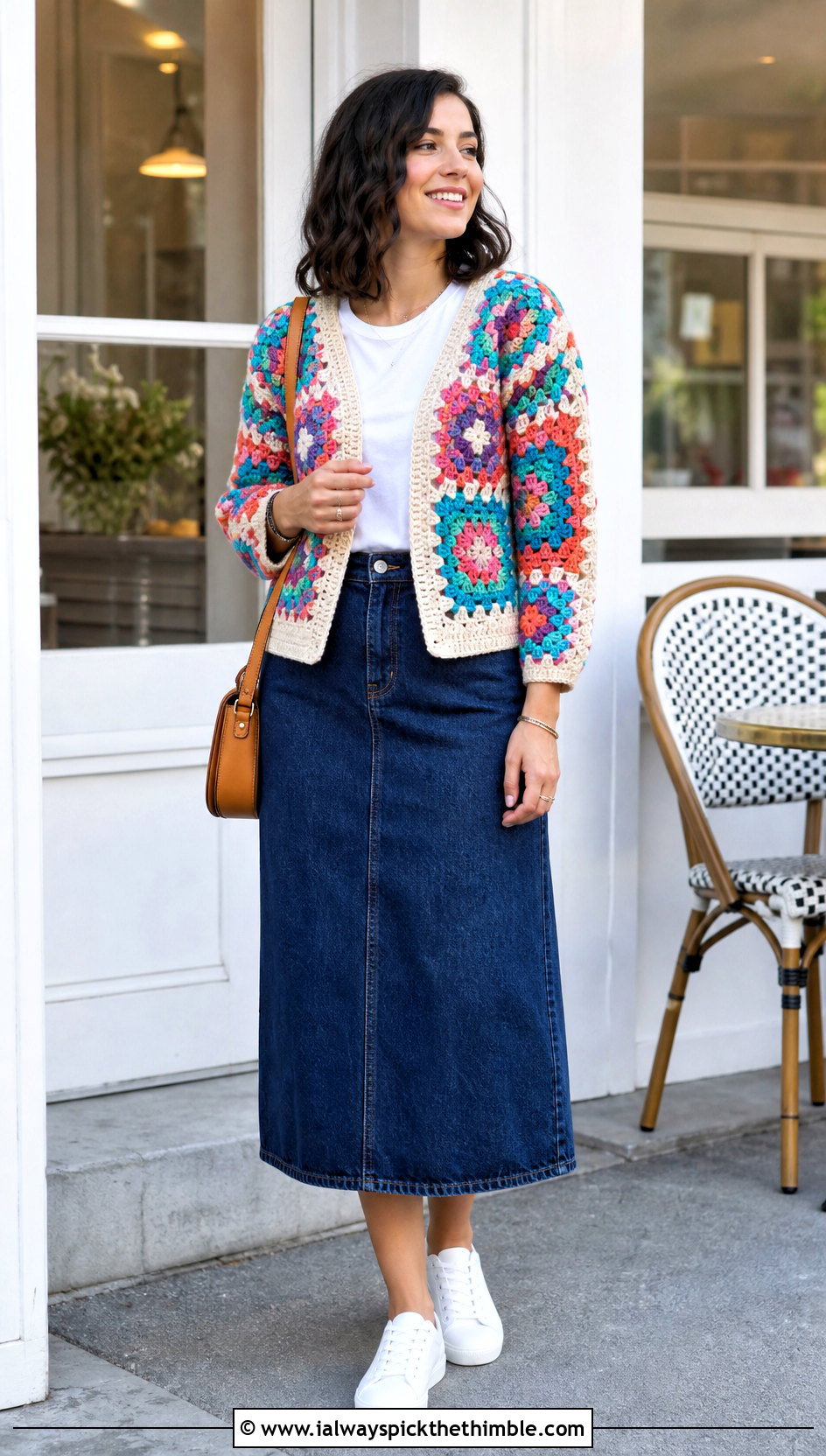 Granny Square Crochet Cardigan With Denim Skirt - 20 3 weight yarn crochet cardigan outfit ideas