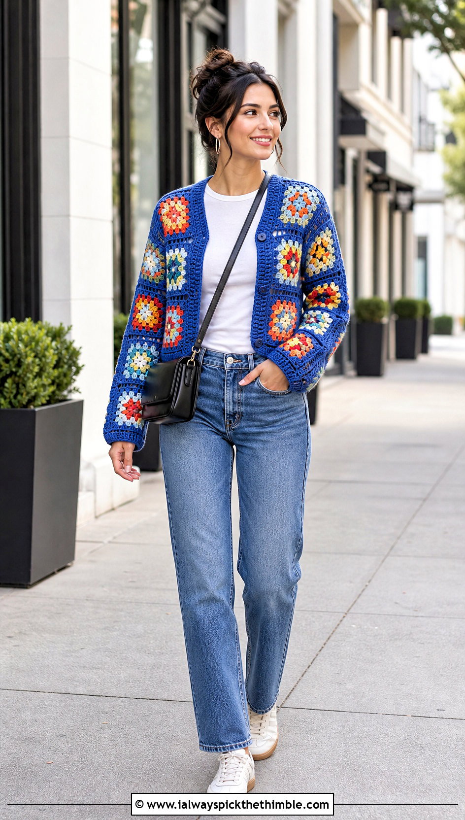 Granny Square Crochet Cardigan With Jeans - 20 Diy Crochet Outfits ideas