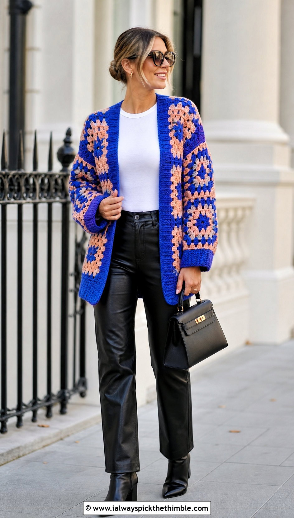 Granny Square Crochet Cardigan With Leather Pants - 20 winter crochet clothes ideas