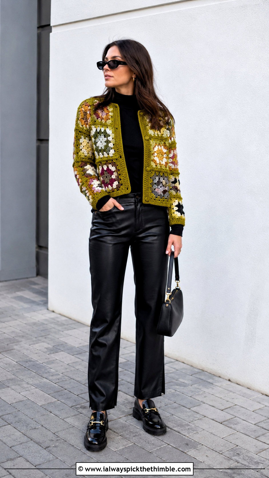 Granny Square Crochet Cardigan With Leather Pants - 25 crochet winter clothes and outfit ideas