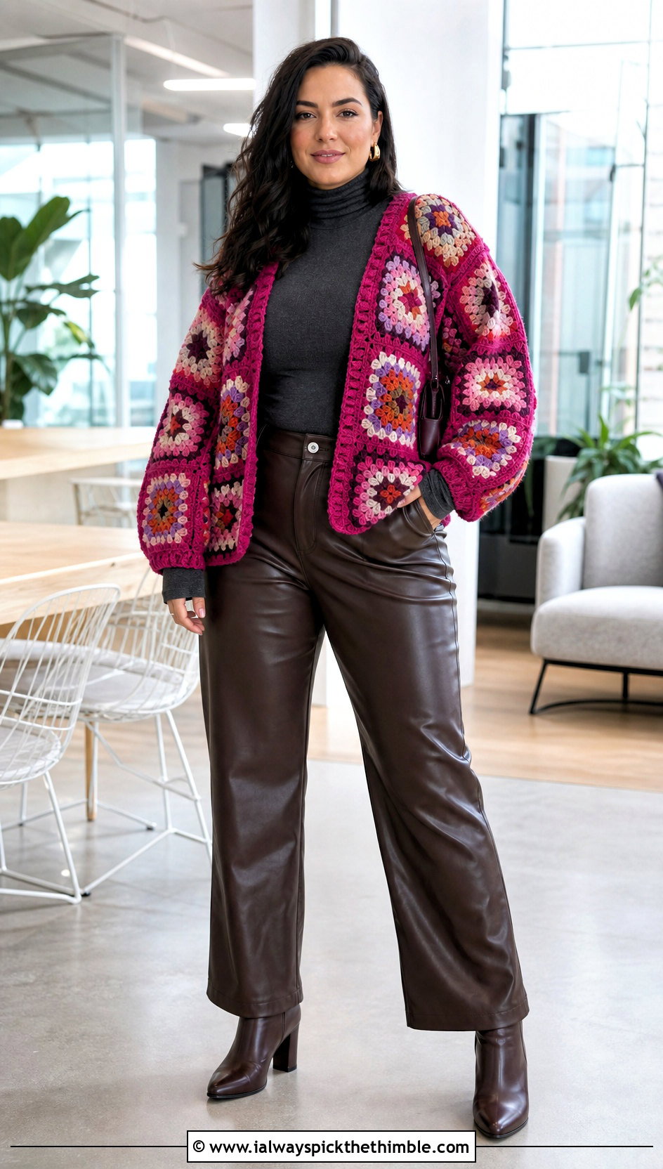 Granny Square Crochet Cardigan With Leather Pants - 25 Crochet Winter Outfits ideas
