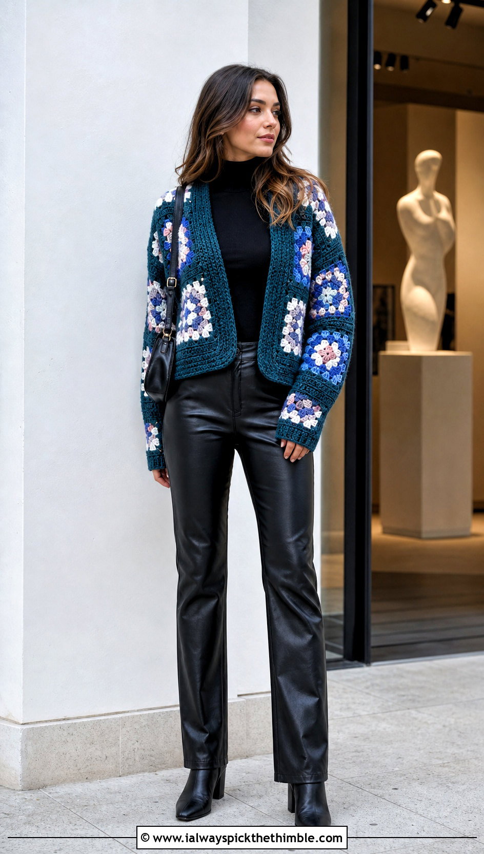 Granny Square Crochet Cardigan With Leather Pants - 20 Winter Crochet Clothes and outfit ideas