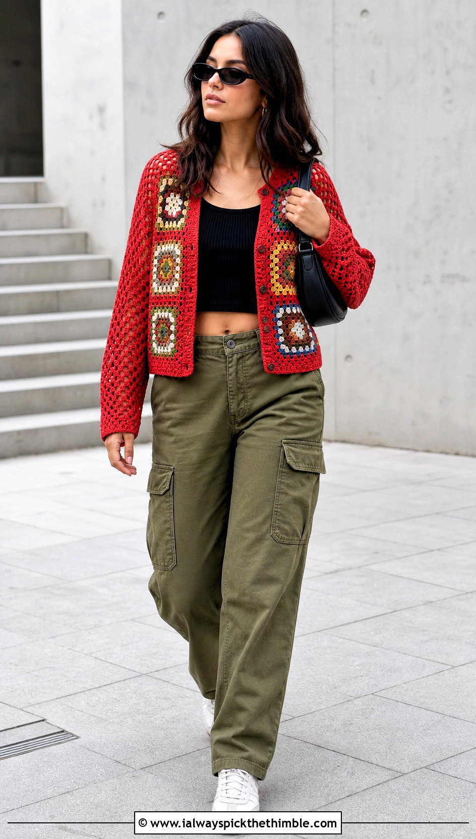 Granny Square Crochet Cardigan With Mesh Sleeves And Cargo Pants - 15 crochet cardigan with lace sleeves outfit ideas