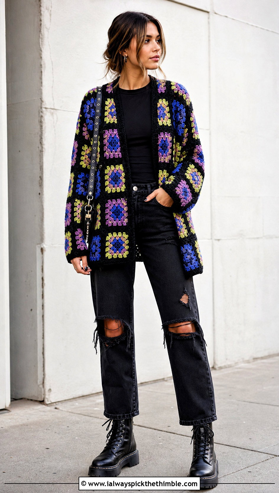 Granny Square Crochet Cardigan With Ripped Jeans - 20 gothic crochet clothes and outfit ideas