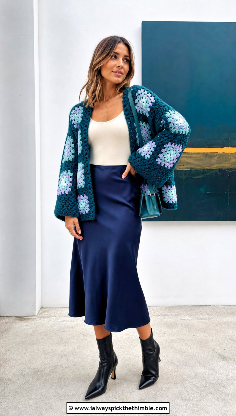 Granny Square Crochet Cardigan With Satin Midi Skirt - 20 Thick Yarn Crochet Cardigan outfit ideas