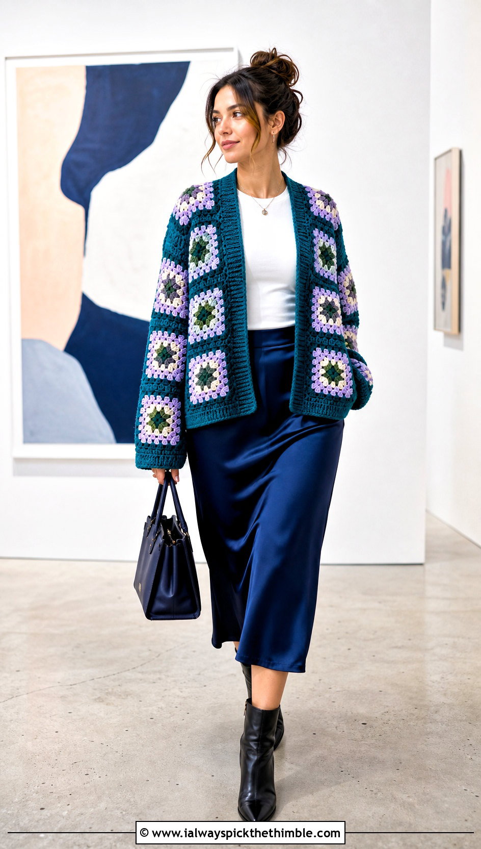 Granny Square Crochet Cardigan With Satin Skirt - 20 crochet clothes outfit ideas