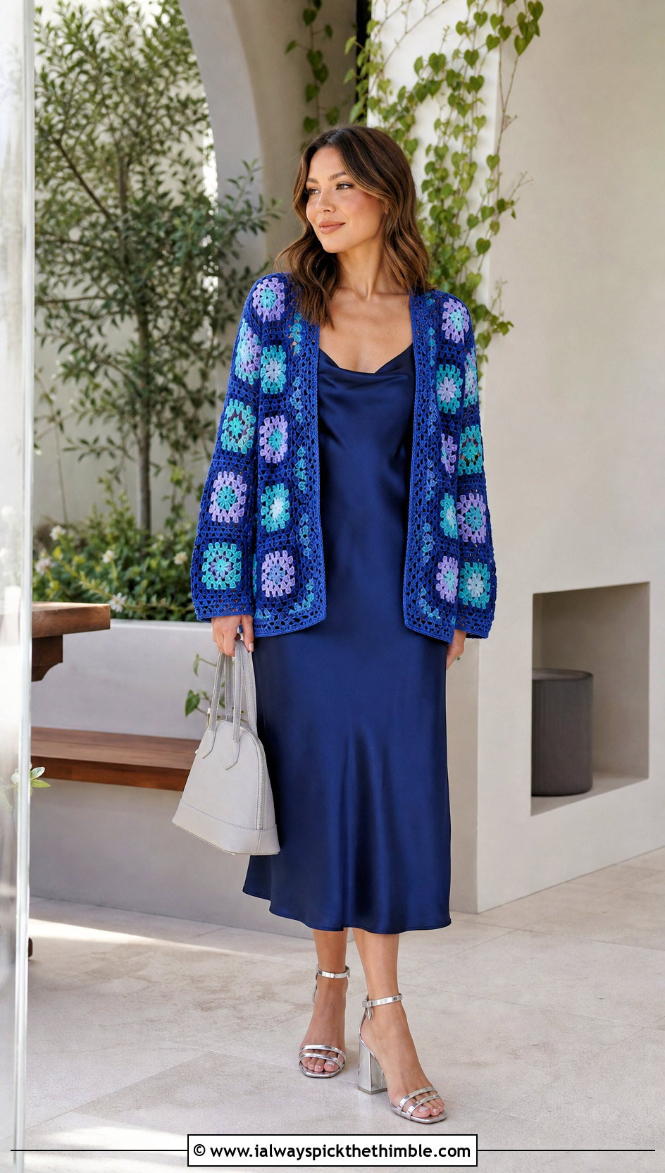 Granny Square Crochet Cardigan With Slip Dress - 15 trendy crochet cardigan outfit ideas