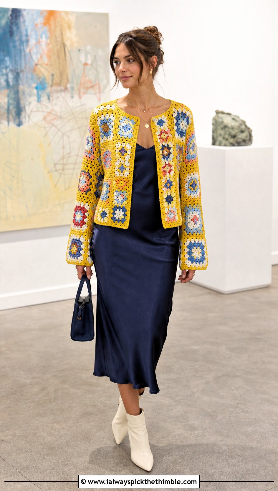 Granny Square Crochet Cardigan With Slip Dress - 20 Crochet Cardigan Outfit Aesthetic outfit ideas