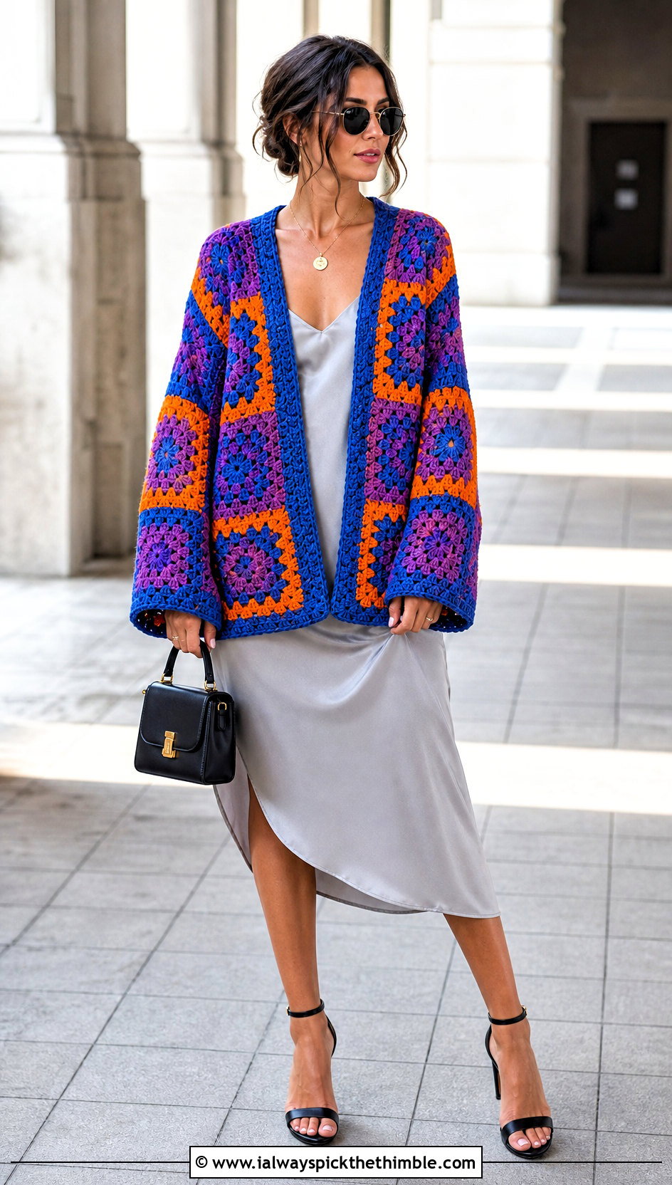 Granny Square Crochet Cardigan With Slip Dress - 20 Simple Crochet Clothes and outfit ideas