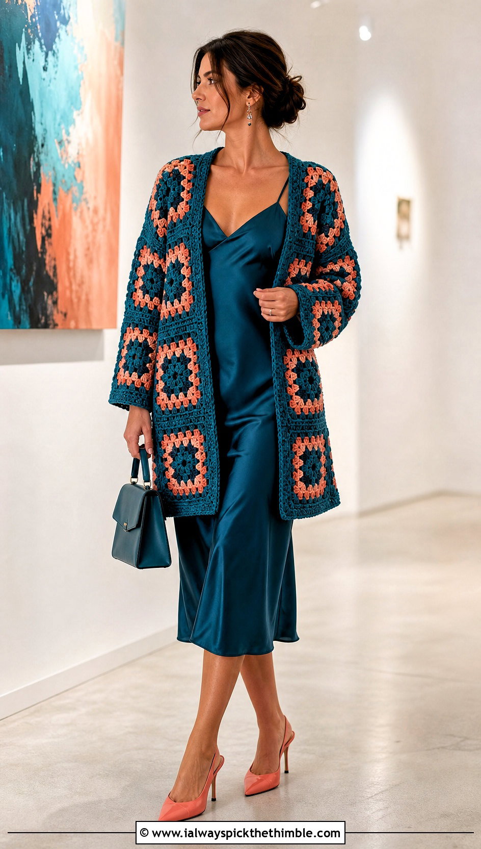 Granny Square Crochet Cardigan With Slip Dress - 20 two color crochet cardigan outfit ideas
