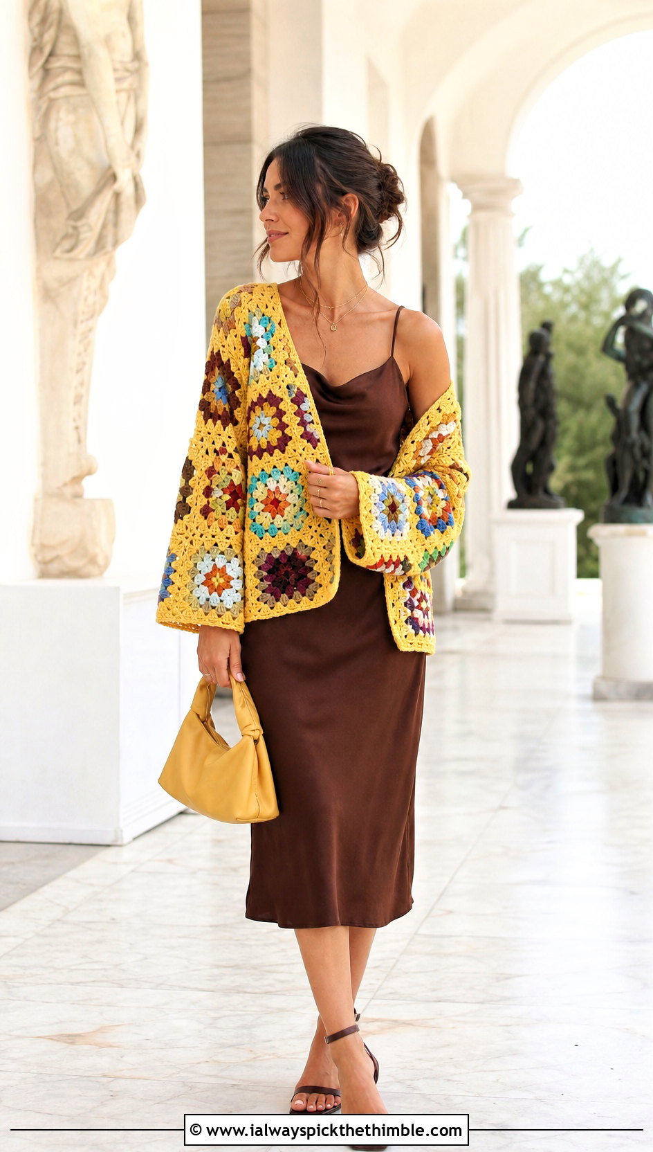 Granny Square Crochet Cardigan With Slip Dress - 25 crochet cardigans outfit ideas