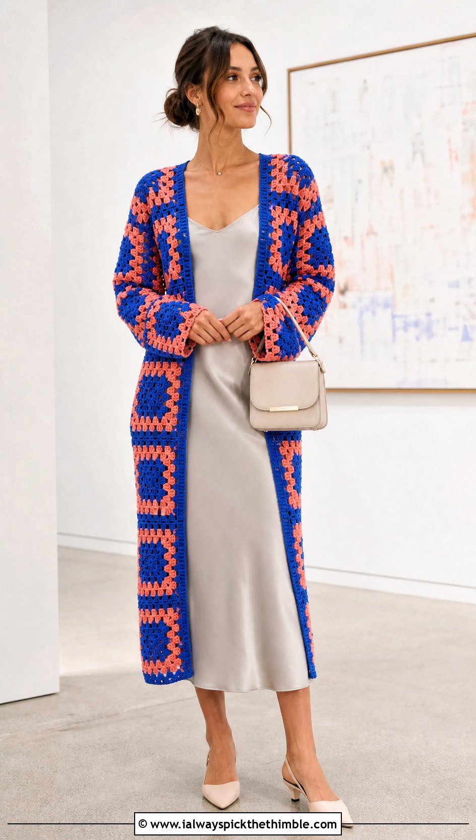 Granny Square Crochet Cardigan With Slip Dress - 25 crochet garments outfit ideas