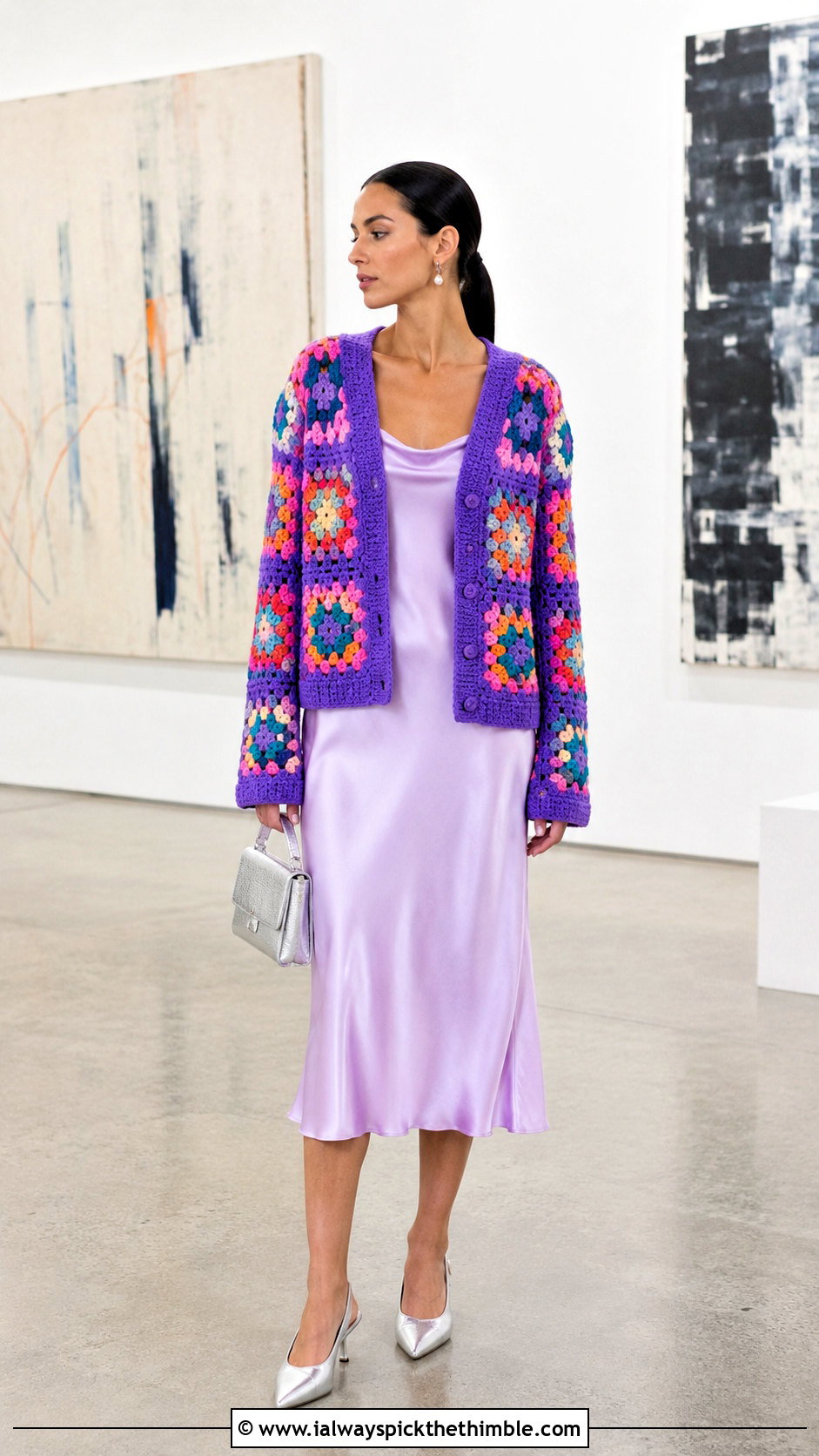 Granny Square Crochet Cardigan With Slip Dress - 15 Barbie Inspired Crochet Outfits ideas