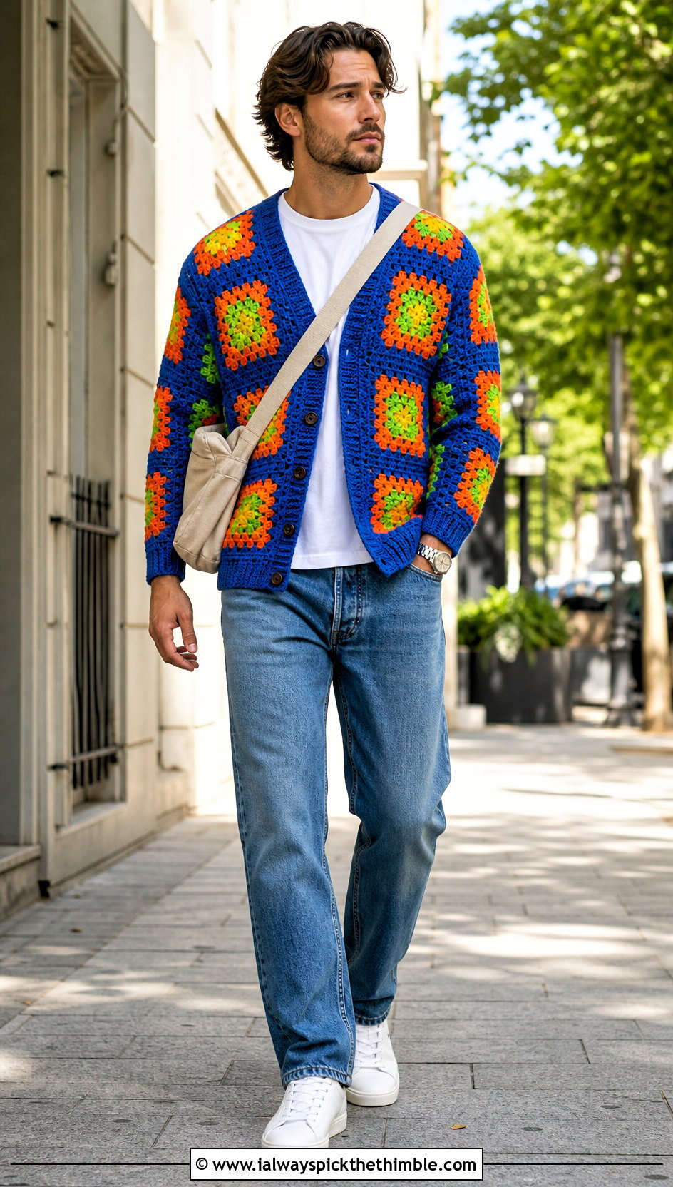 Granny Square Crochet Cardigan With Straight Jeans - 20 men's crochet cardigan outfit ideas