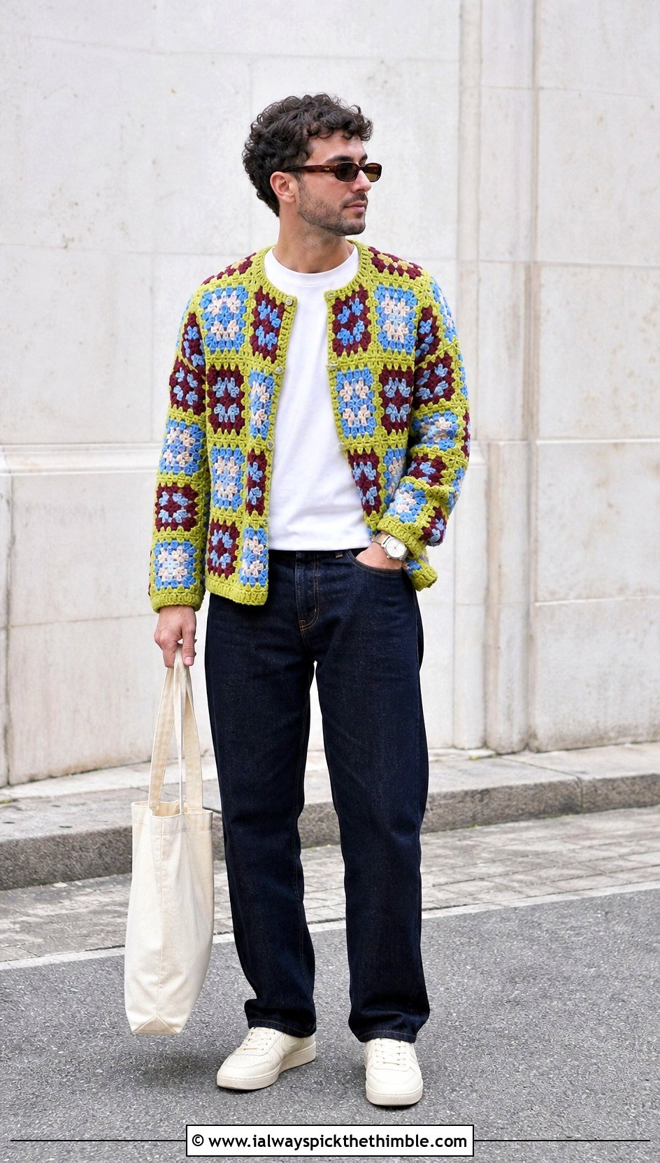 Granny Square Crochet Cardigan With Straight Jeans - 25 crochet mens clothes and outfit ideas