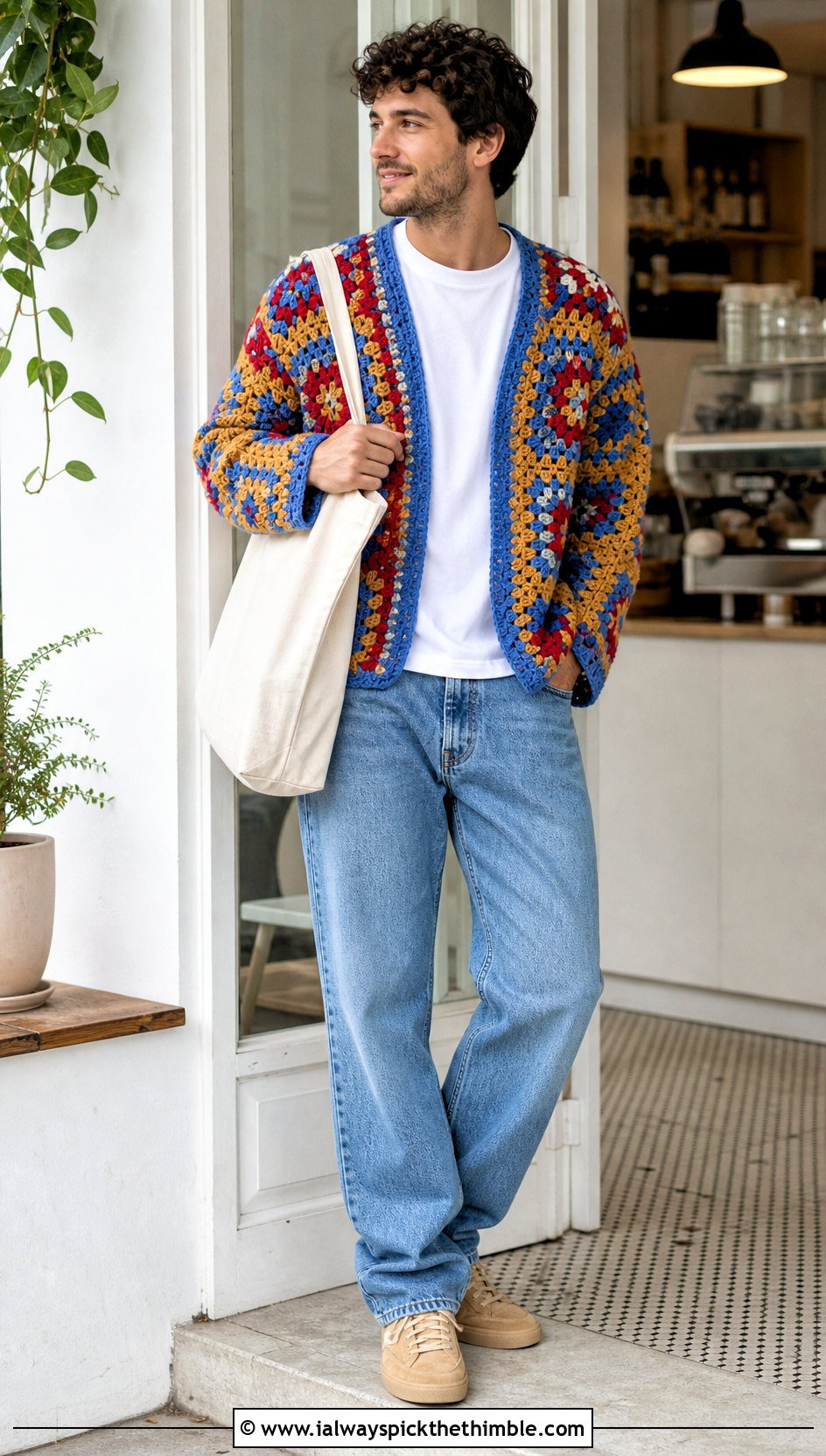 Granny Square Crochet Cardigan With Straight Jeans - 20 crochet clothes men ideas