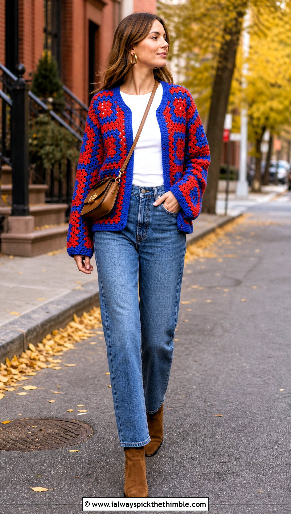 Granny Square Crochet Cardigan With Straight Leg Jeans - 15 Autumn Crochet Cardigan Style outfit ideas