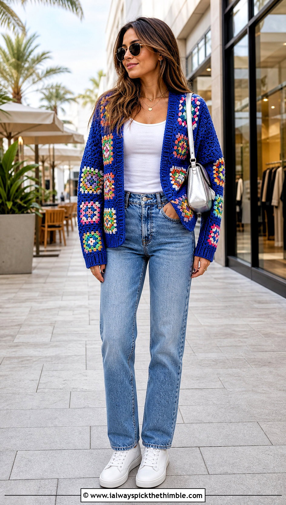 Granny Square Crochet Cardigan With Straight Leg Jeans - 20 Crochet Fancy Cardigan outfit ideas