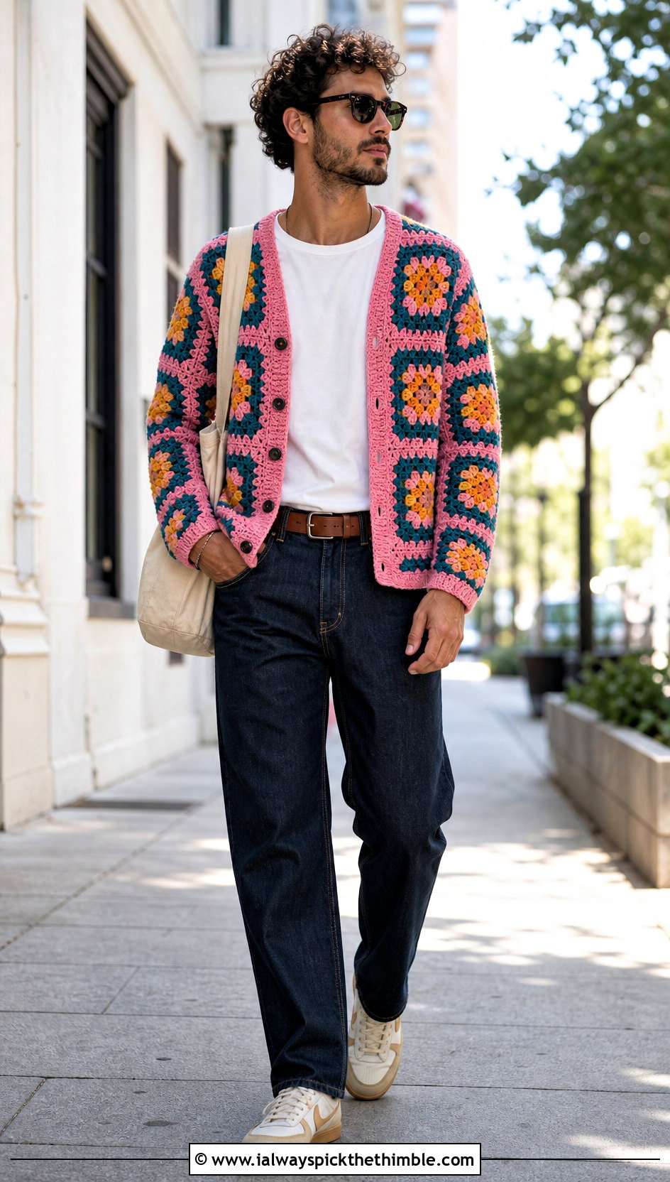Granny Square Crochet Cardigan With Straight Leg Jeans - 20 Crochet Men Clothing and outfit ideas