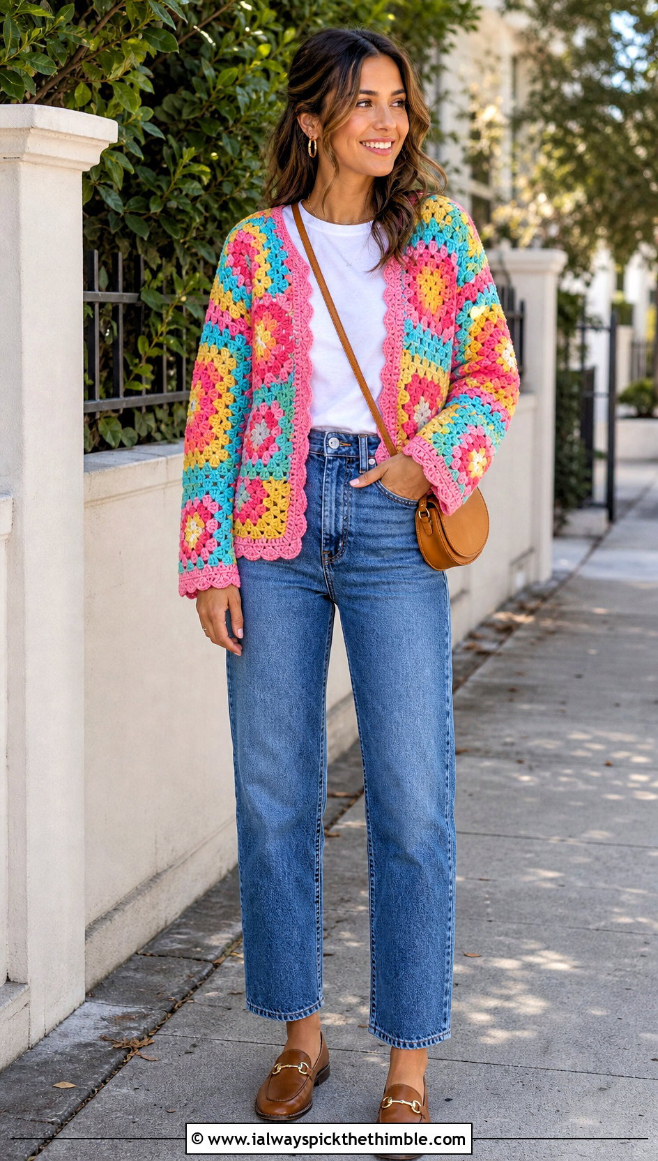 Granny Square Crochet Cardigan With Straight Leg Jeans - 20 crochet women's cardigan outfit ideas