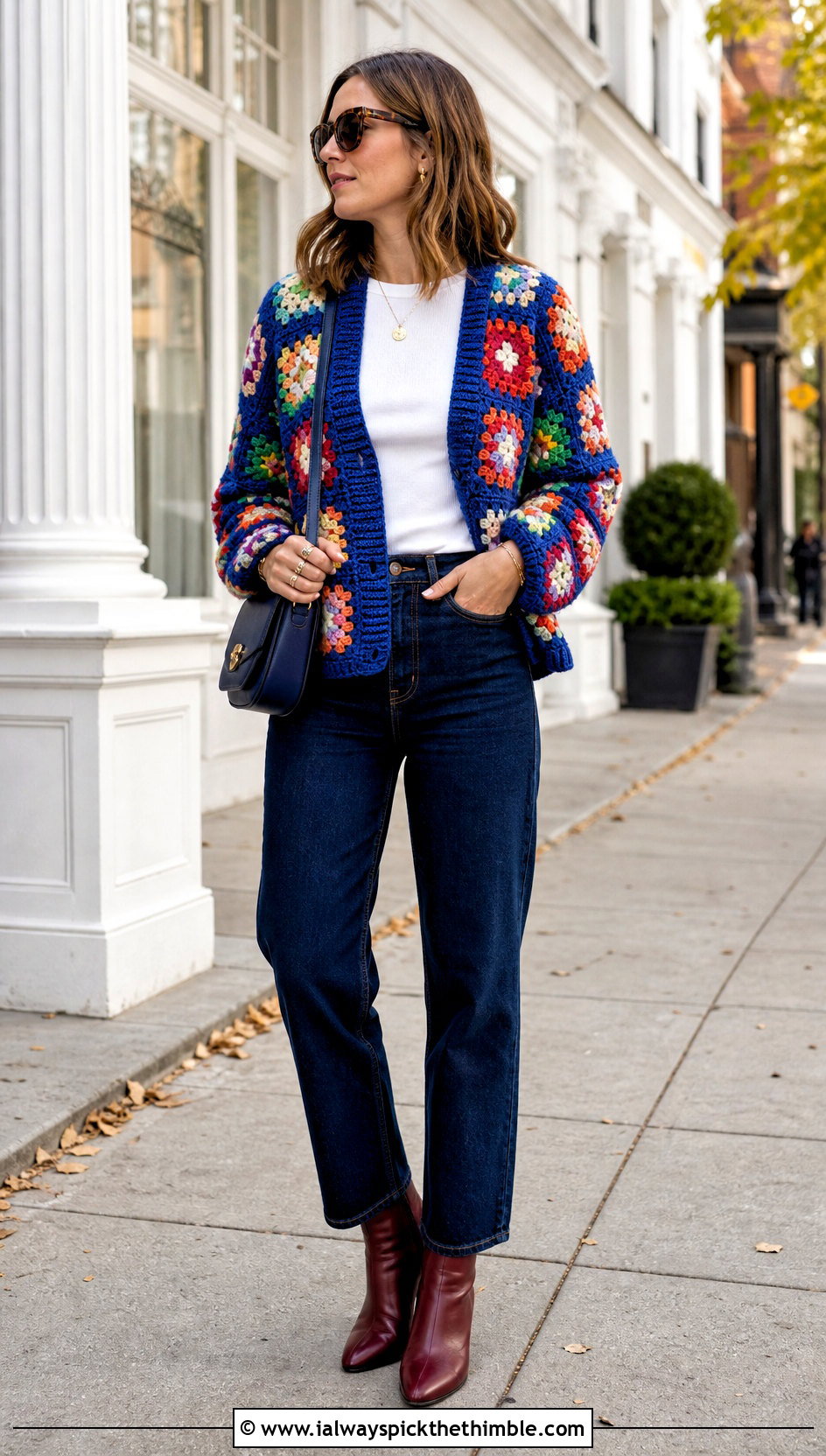 Granny Square Crochet Cardigan With Straight Leg Jeans - 20 Fall Crochet Clothes Ideas