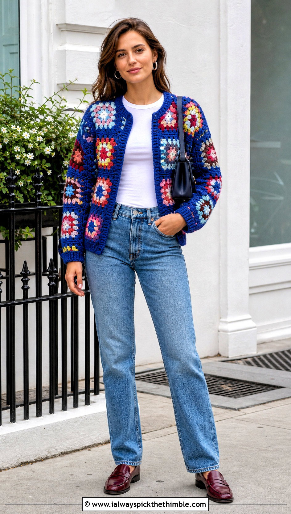 Granny Square Crochet Cardigan With Straight Leg Jeans - 15 classic crochet cardigan outfit ideas