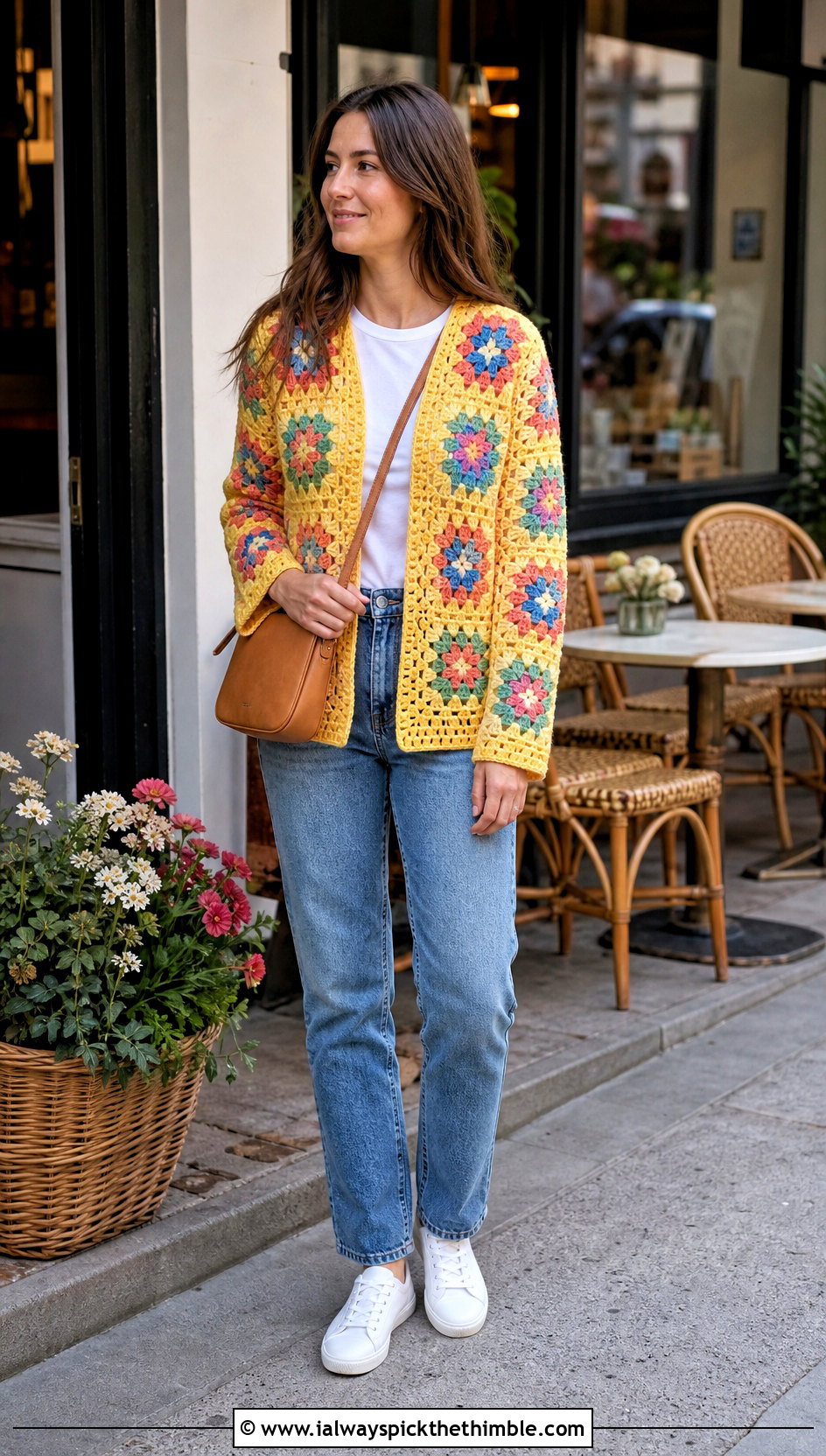 Granny Square Crochet Cardigan With Straight Leg Jeans - 20 Spring Crochet Clothes Ideas
