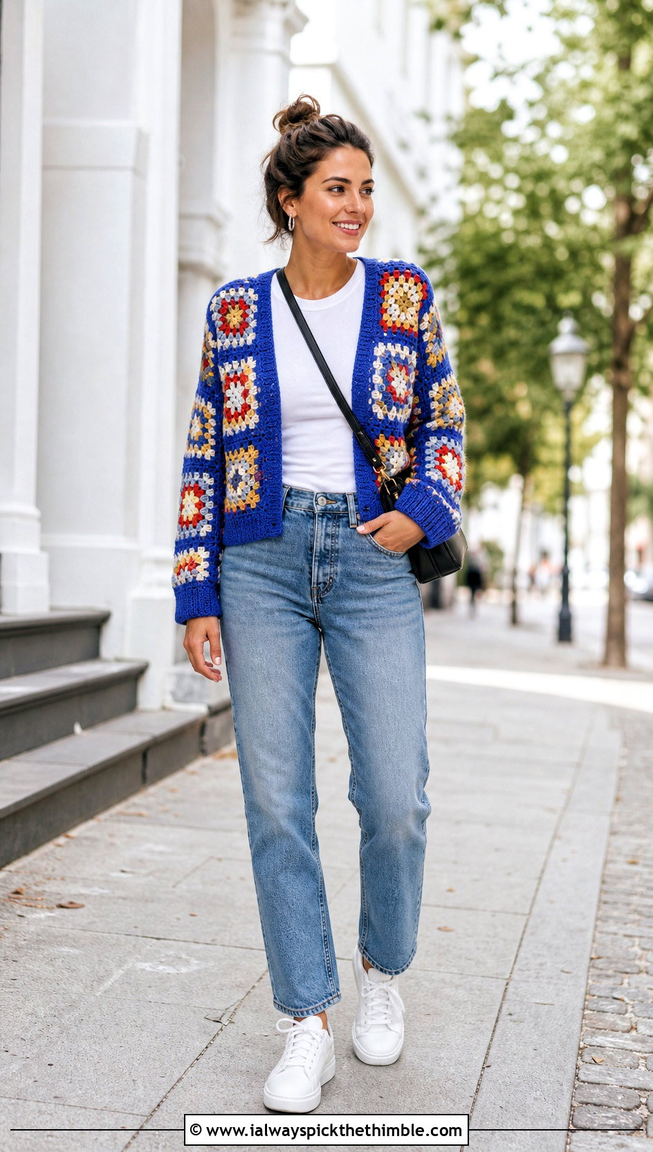 Granny Square Crochet Cardigan With Straight Leg Jeans - 20 trendy crochet clothes and outfit ideas