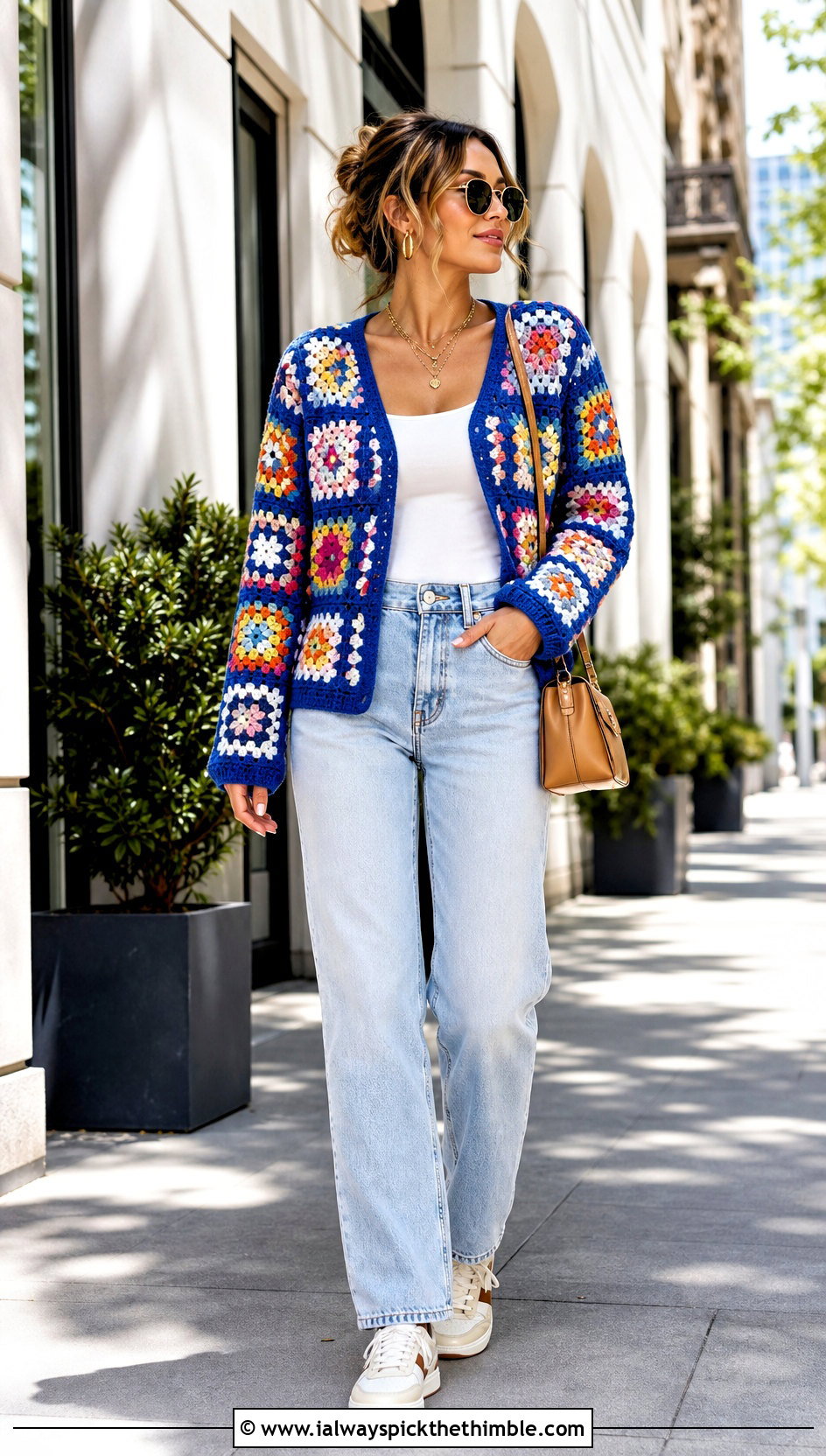 Granny Square Crochet Cardigan With Straight Leg Jeans - 20 unique crochet cardigan outfit ideas