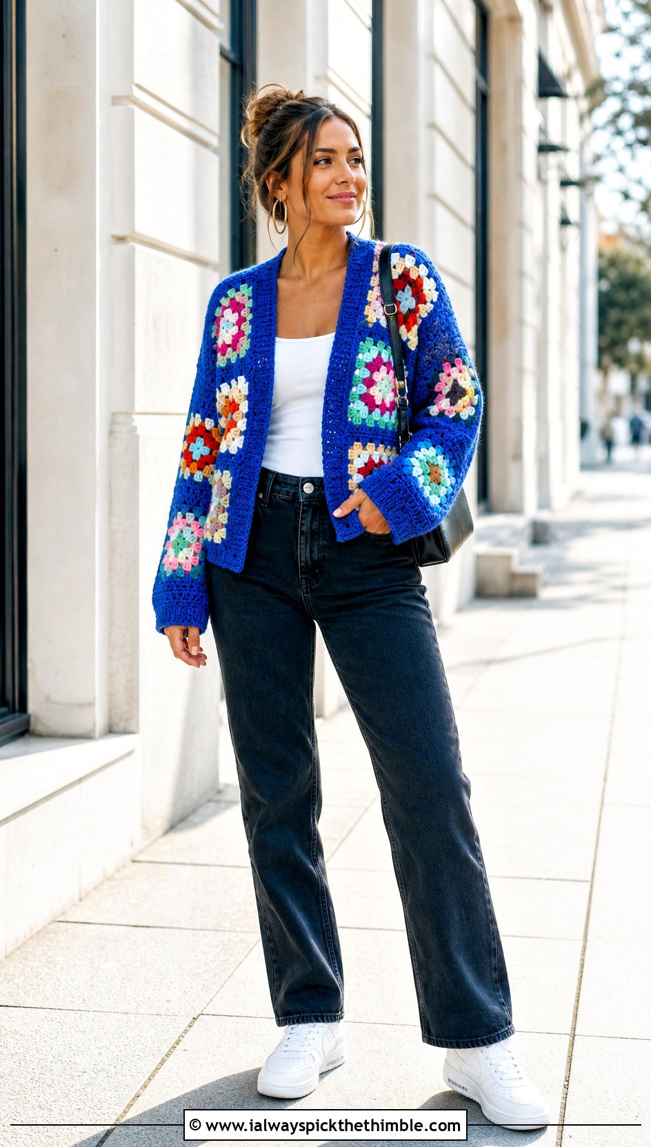 Granny Square Crochet Cardigan With Straight Leg Jeans - 20 women crochet clothes and outfit ideas
