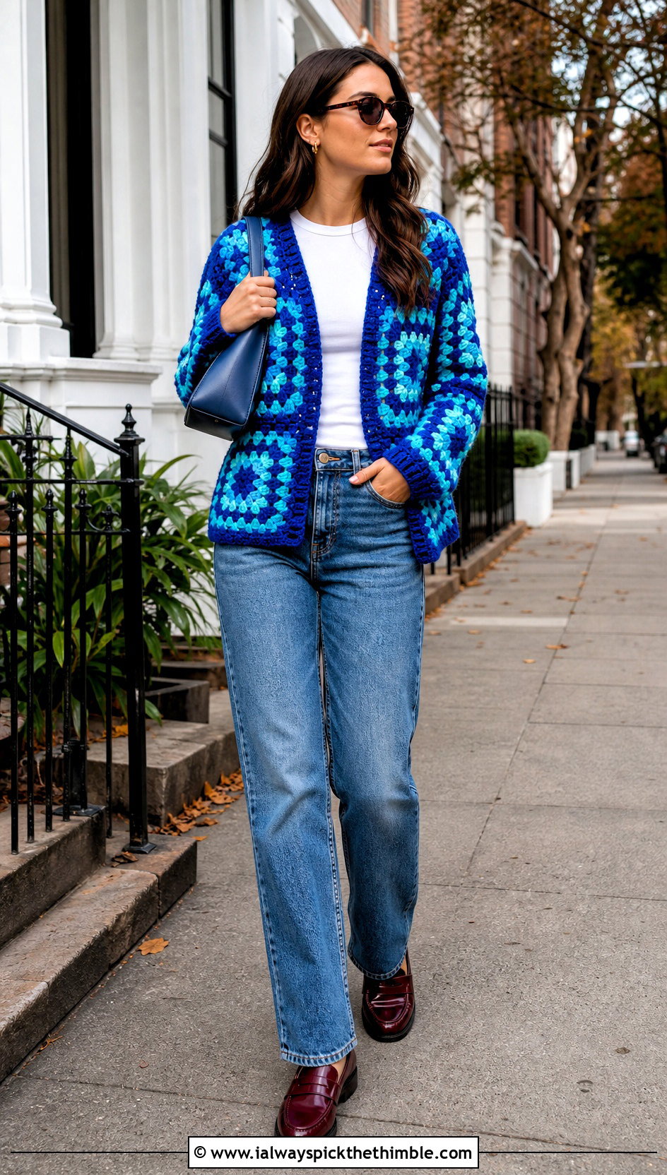 Granny Square Crochet Cardigan With Straight Leg Jeans - 25 autumn crochet clothes and outfit ideas