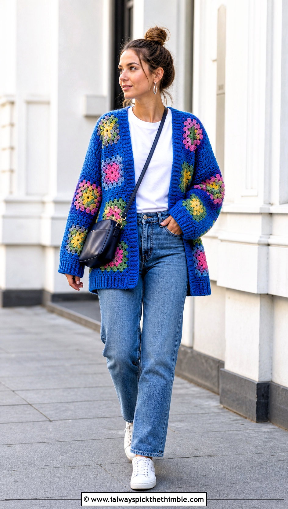 Granny Square Crochet Cardigan With Straight Leg Jeans - 15 colorful crochet clothing design outfit ideas