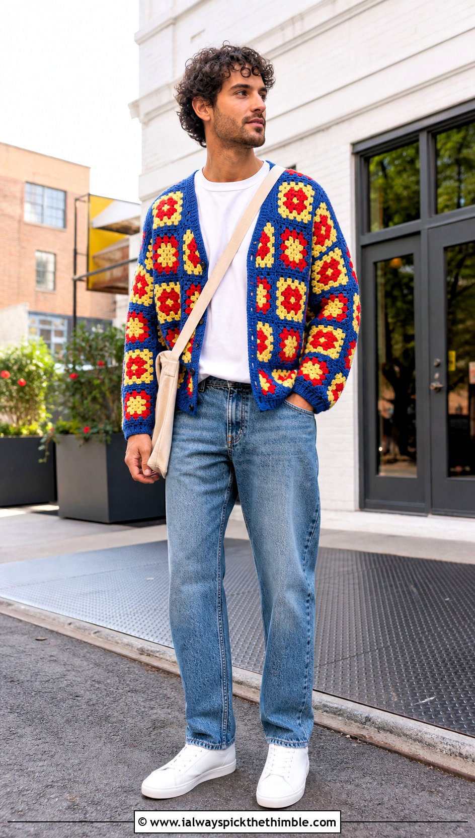 Granny Square Crochet Cardigan With Straight Leg Jeans - 25 crochet cardigan men outfit ideas