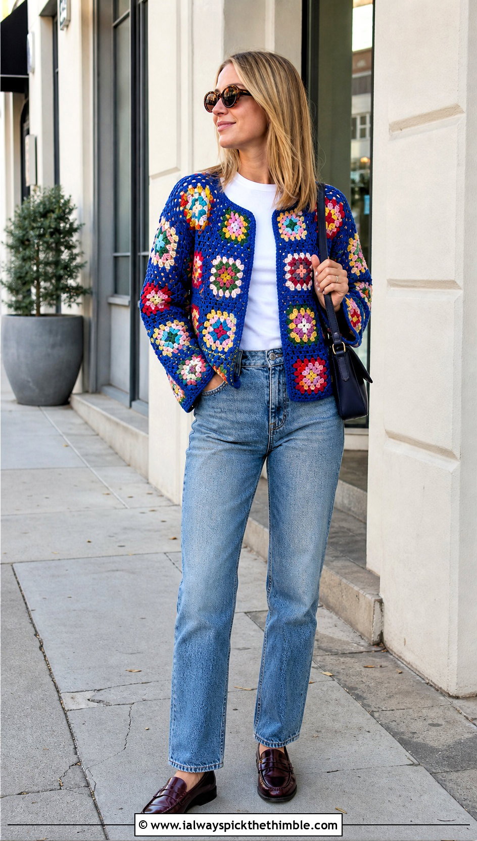 Granny Square Crochet Cardigan With Straight Leg Jeans - 25 crochet clothes and accessories outfit ideas