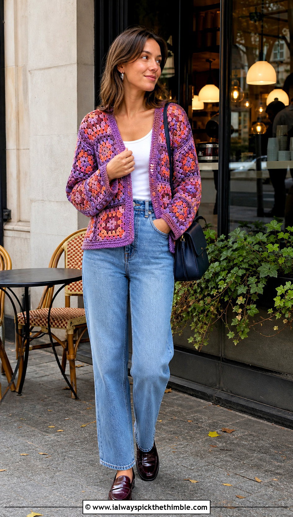 Granny Square Crochet Cardigan With Straight Leg Jeans - 25 crochet clothing and accessories ideas