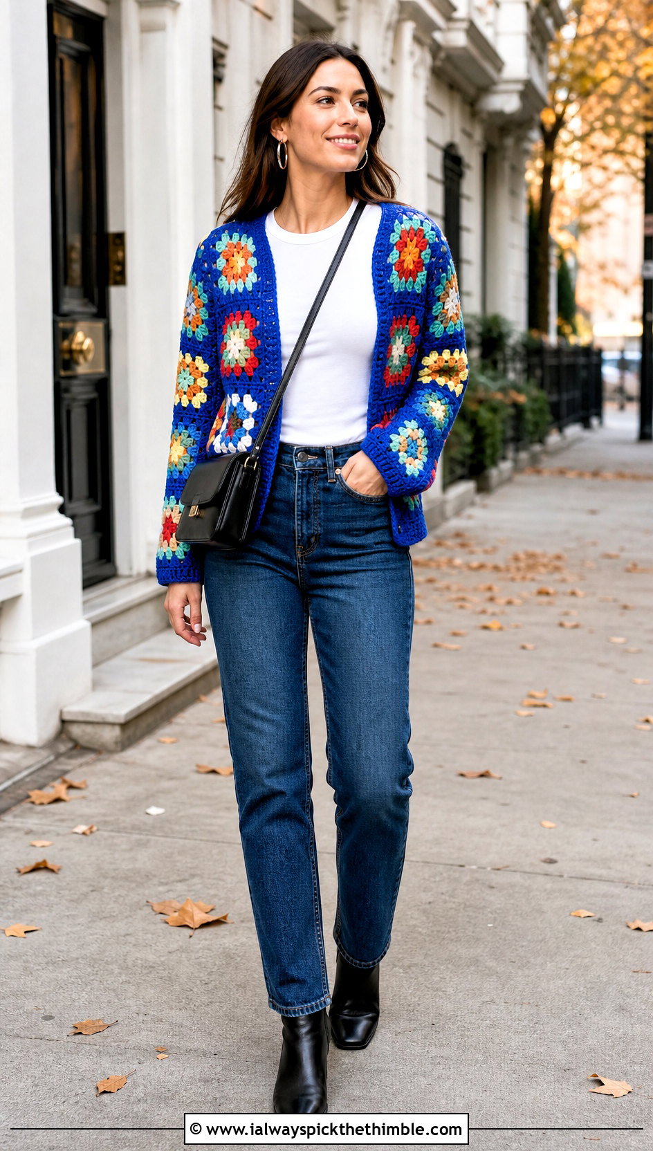 Granny Square Crochet Cardigan With Straight Leg Jeans - 25 crochet fall clothes and outfit ideas