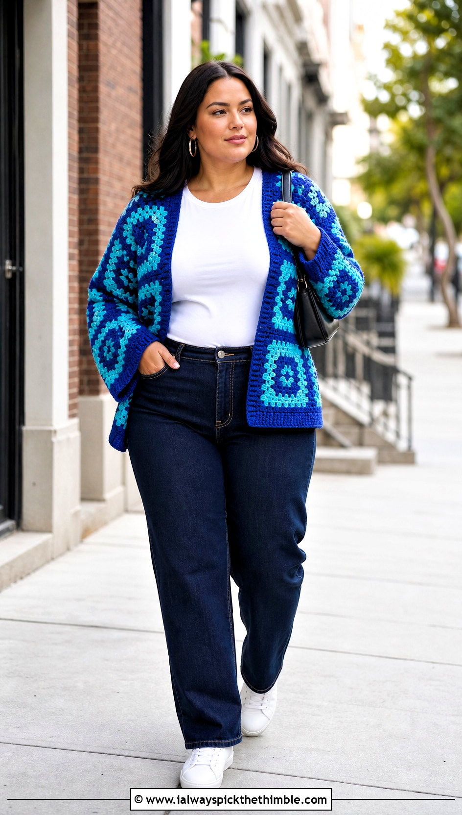Granny Square Crochet Cardigan With Straight Leg Jeans - 25 crochet outfit ideas