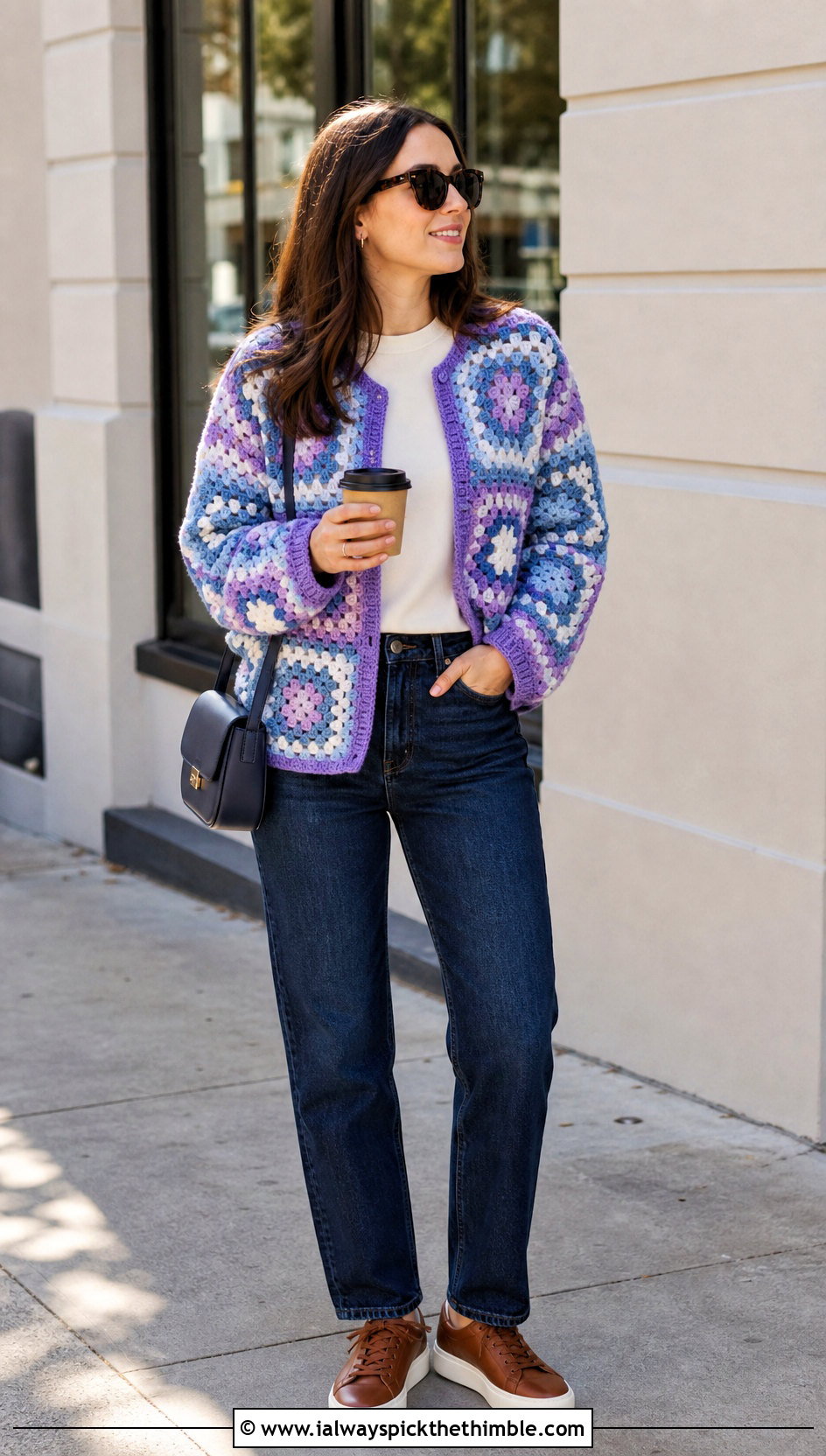 Granny Square Crochet Cardigan With Straight Leg Jeans - 25 cute crochet cardigan outfit ideas