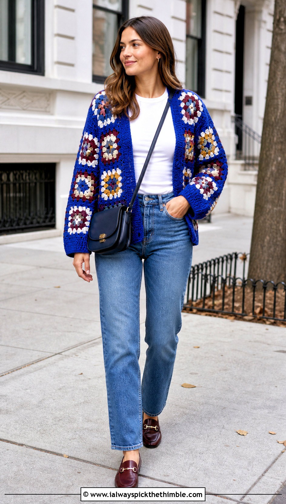 Granny Square Crochet Cardigan With Straight Leg Jeans - 15 Crochet Cardigan Fall Fashion and outfit ideas