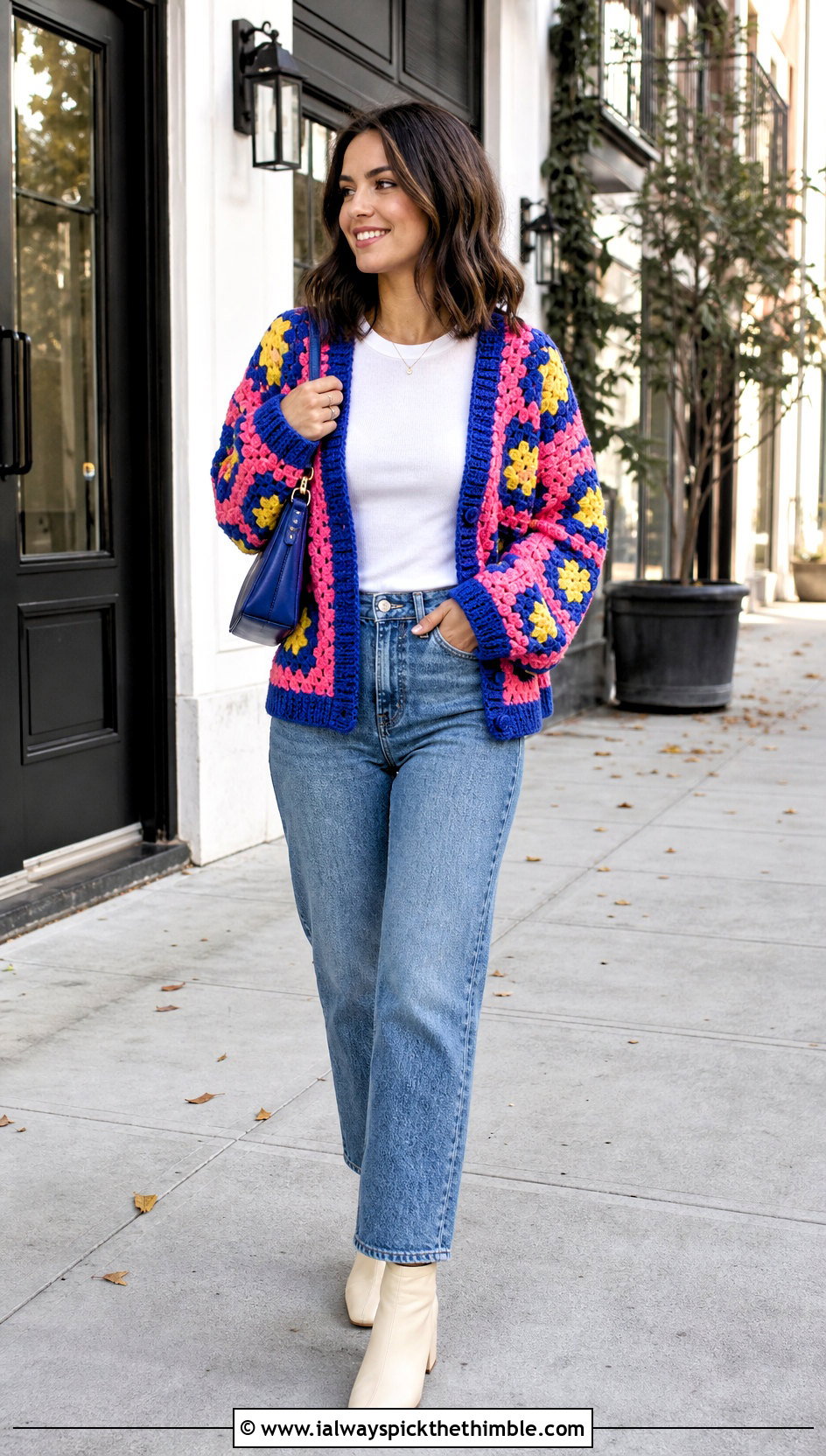 Granny Square Crochet Cardigan With Straight Leg Jeans - 25 fall crochet cardigan outfit ideas