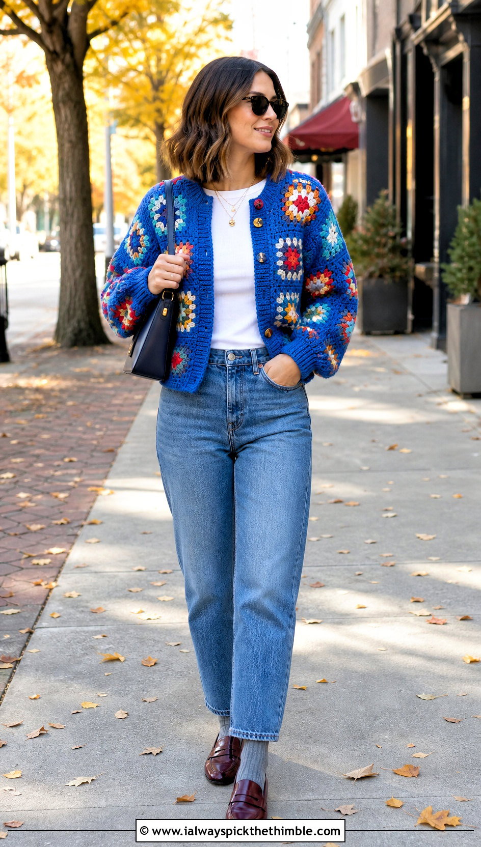 Granny Square Crochet Cardigan With Straight Leg Jeans - 25 fall crochet clothes and outfit ideas