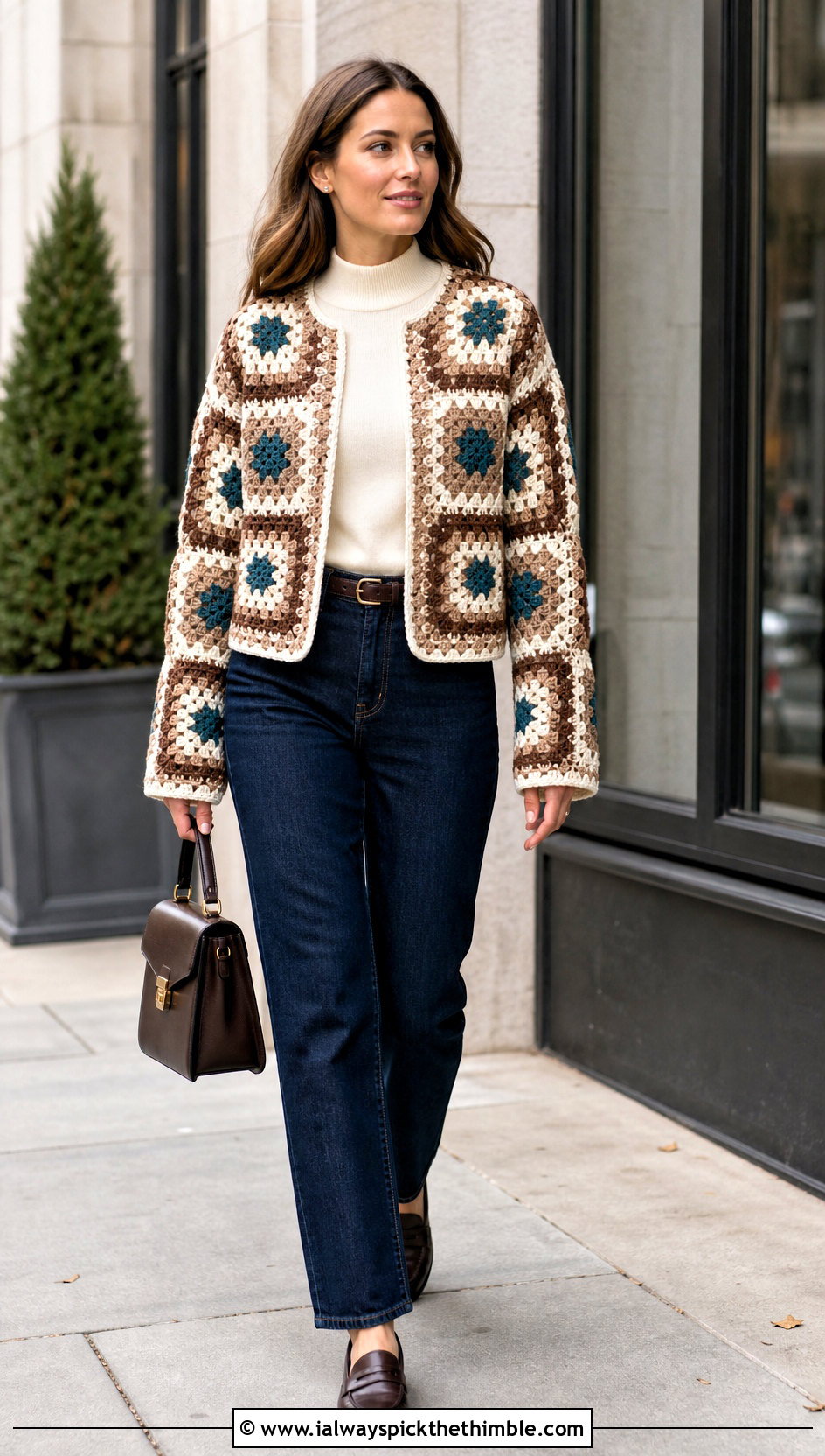 Granny Square Crochet Cardigan With Straight Leg Jeans - 15 neutral tone crochet cardigan outfit ideas