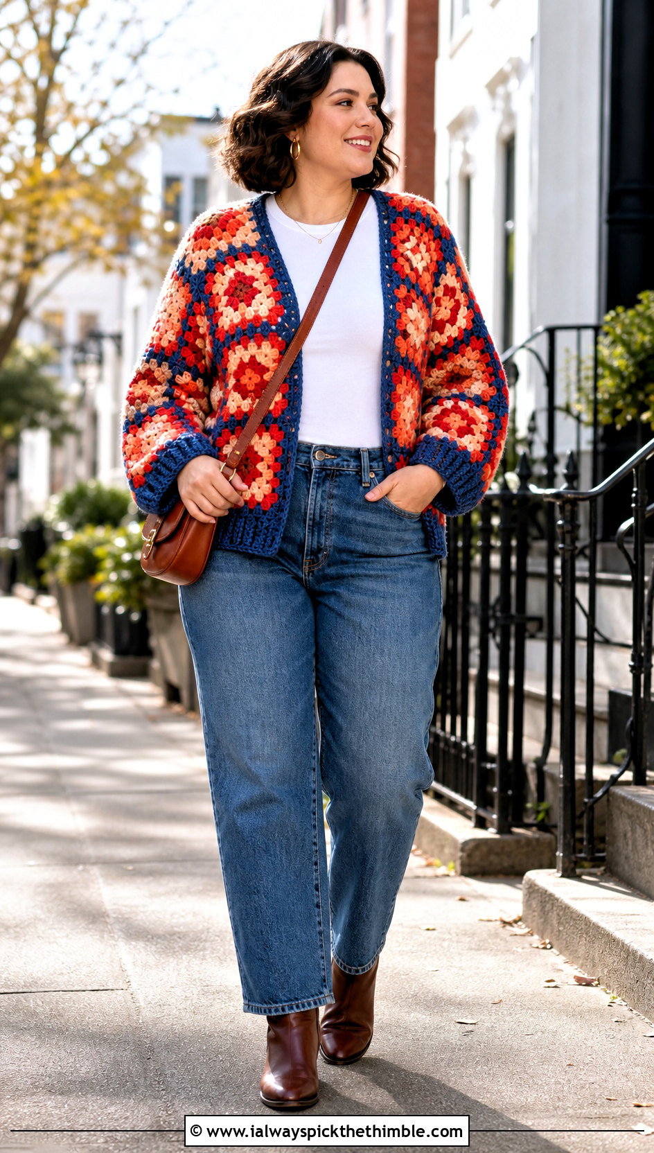 Granny Square Crochet Cardigan With Straight Leg Jeans - 20 Autumn Crochet Cardigan outfit ideas