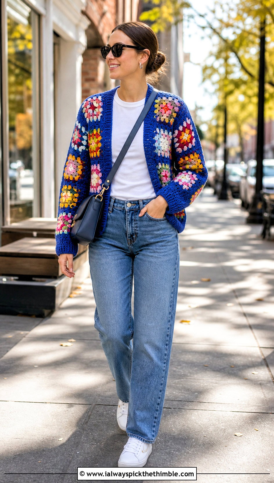 Granny Square Crochet Cardigan With Straight Leg Jeans - 15 Aesthetic Crochet Cardigan outfit ideas