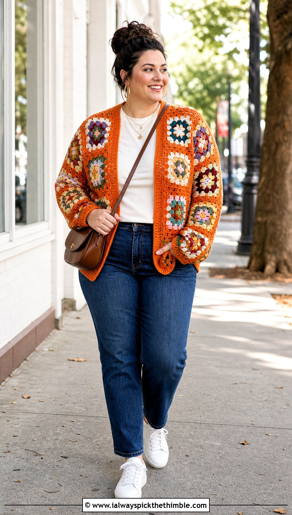 Granny Square Crochet Cardigan With T Shirt And Jeans - 15 Plus Size Crochet Clothes and outfit ideas
